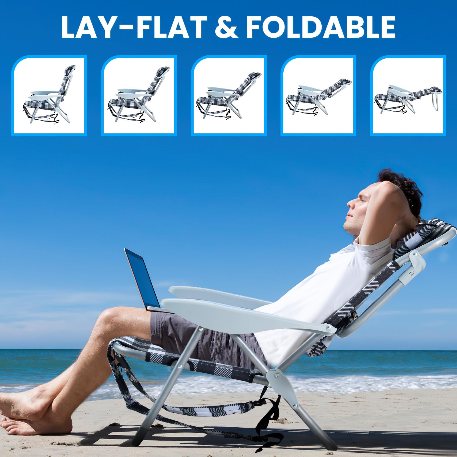 Canpsky beach chair with adjustable headrest for comfortable sunbathing.
