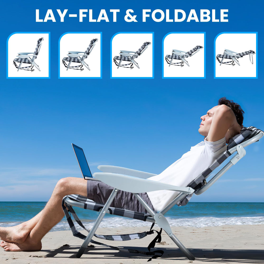 Canpsky beach chair with adjustable headrest for comfortable sunbathing.