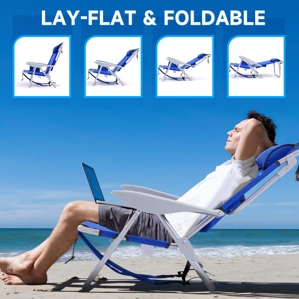 Canpsky blue recliner demonstrating lay-flat option for relaxation
