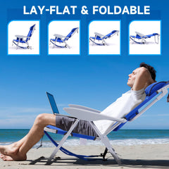 Canpsky blue recliner demonstrating lay-flat option for relaxation
