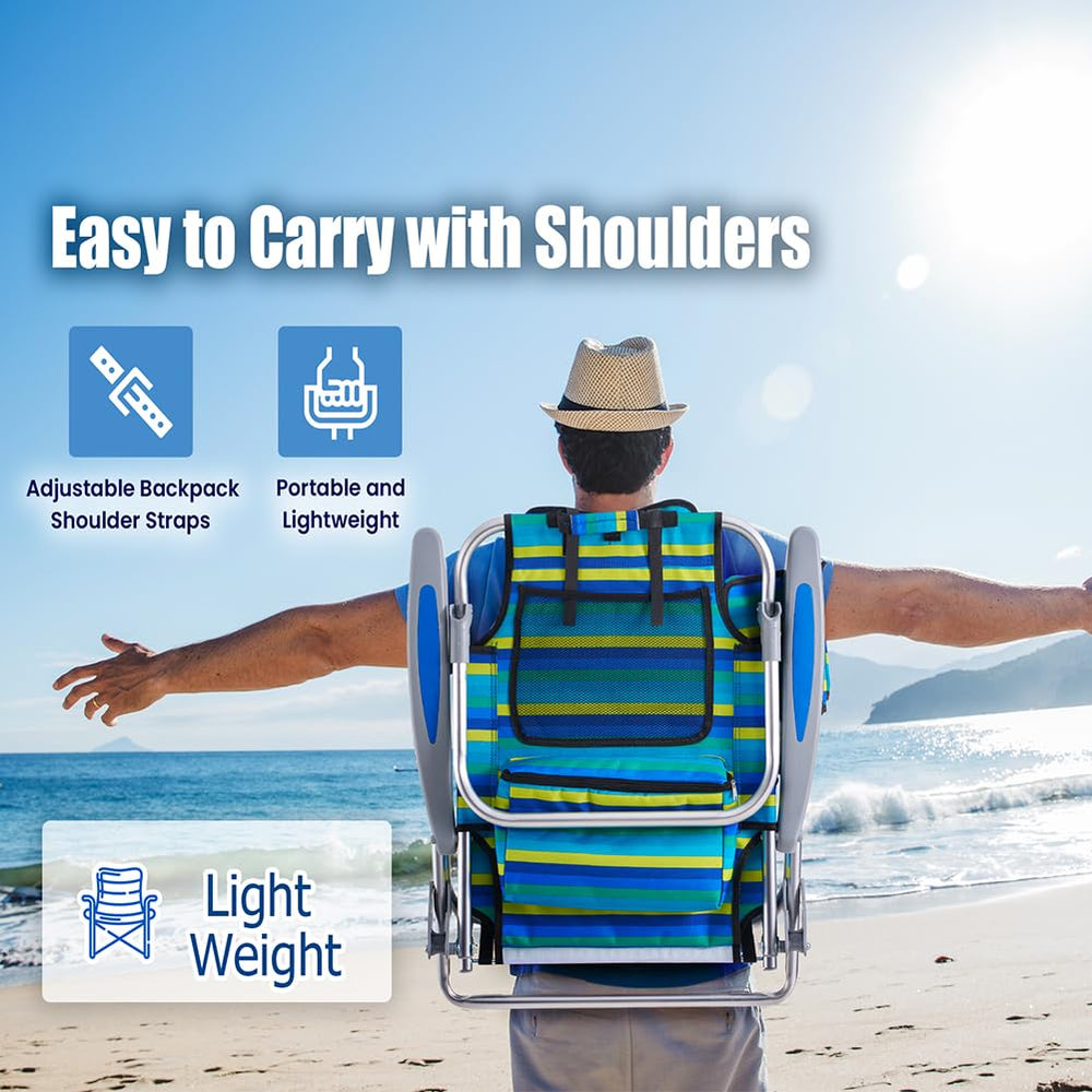 Canpsky chair features cooler pouch and cup holder for beverages.