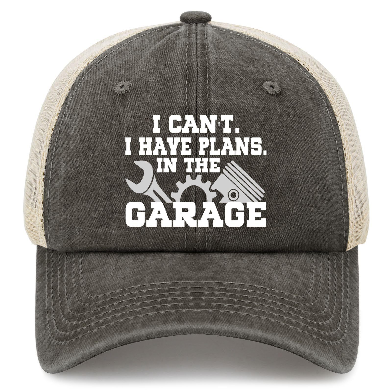 Front view of charcoal cotton front panel with beige mesh back and white text on the hat