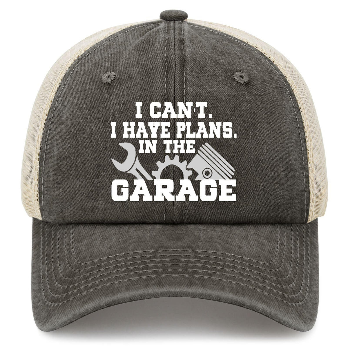 Front view of charcoal cotton front panel with beige mesh back and white text on the hat