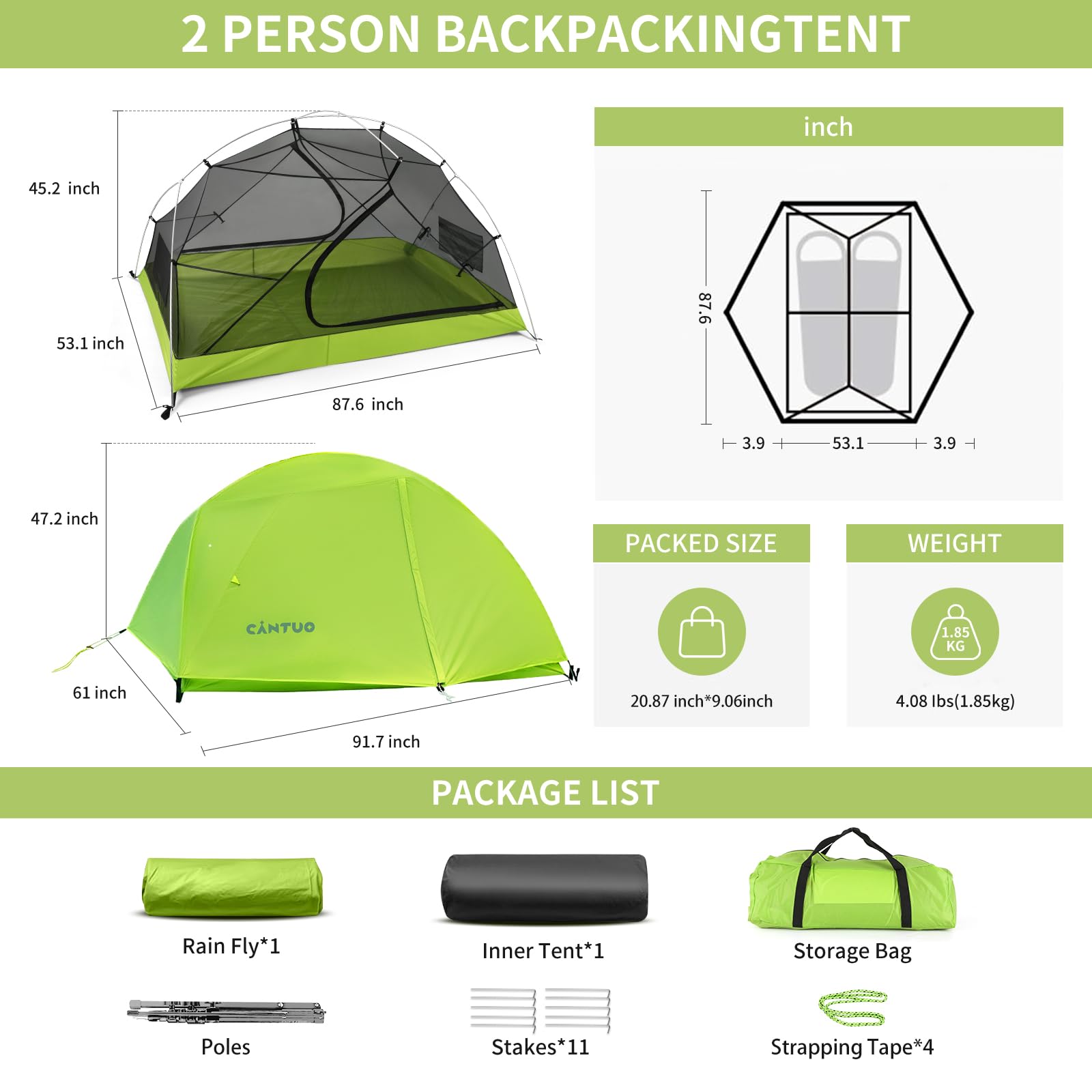 Cantuo 2P inner tent with B3 mesh enhances breathability and insect protection