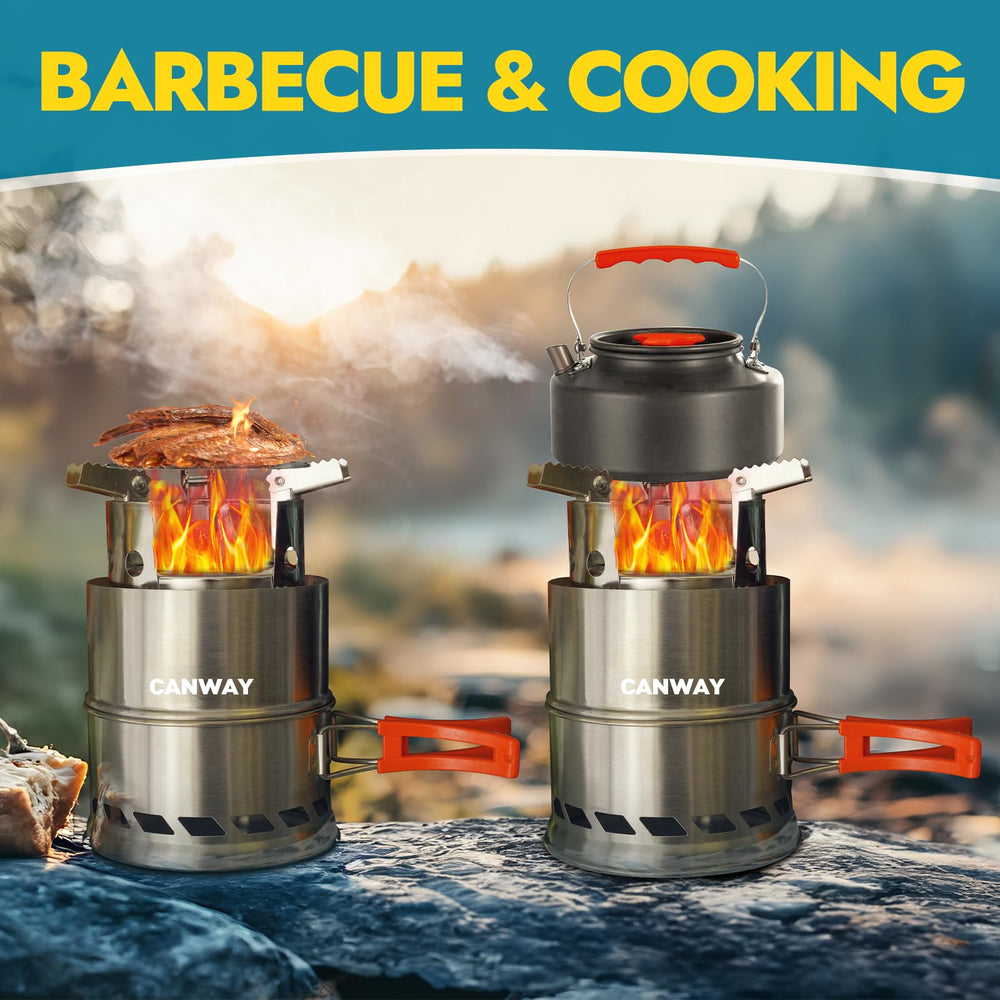 CANWAY camping stove 20min-burn highlights efficient secondary combustion for longer cooking sessions.