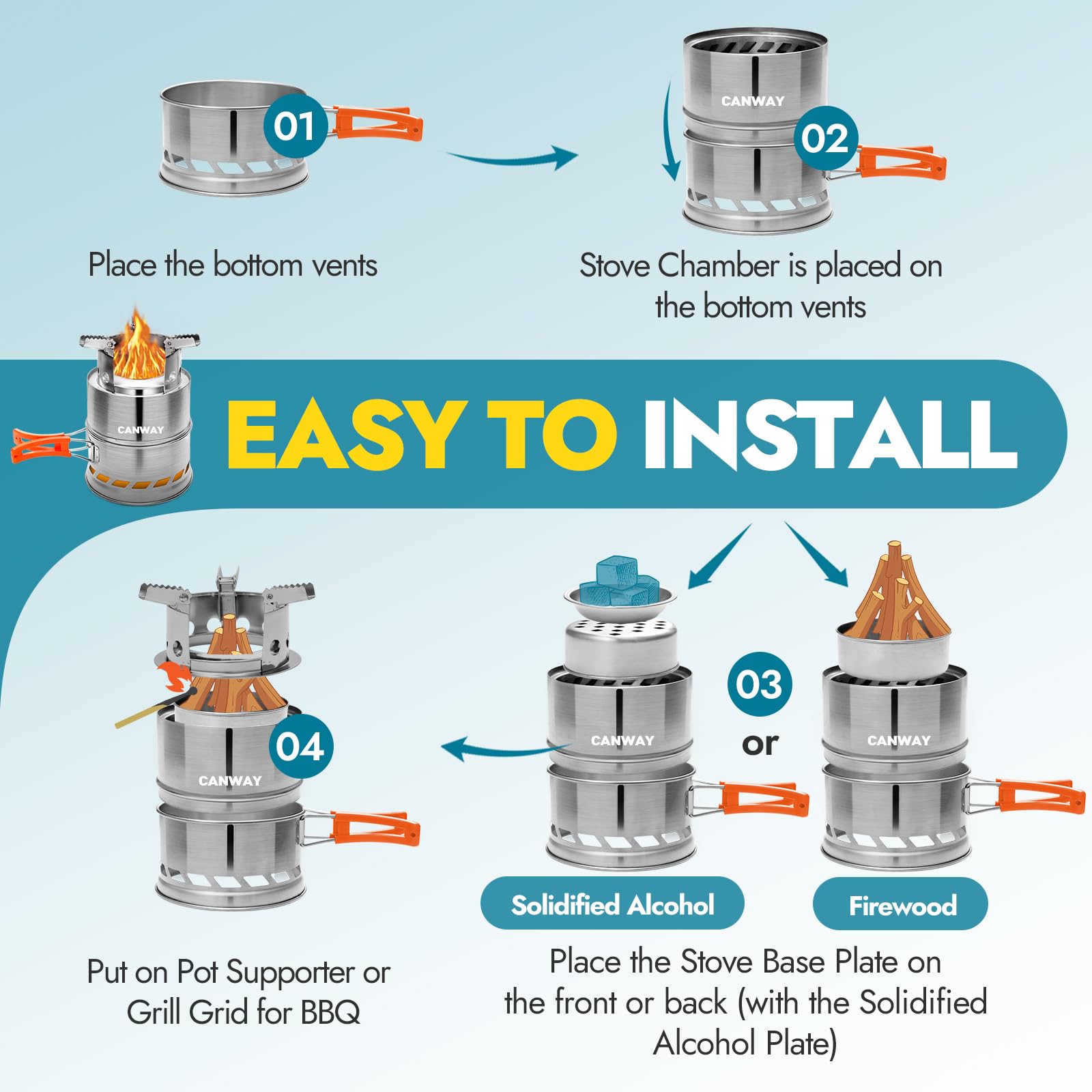 CANWAY camping stove-stainless-steel-durability withstands rugged outdoor use.