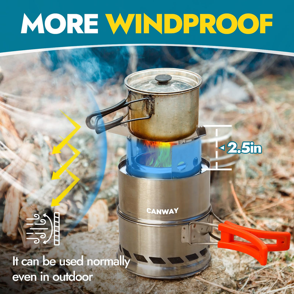 CANWAY camping stove wood-burning-fire shows natural fuel flexibility on outdoor trips.