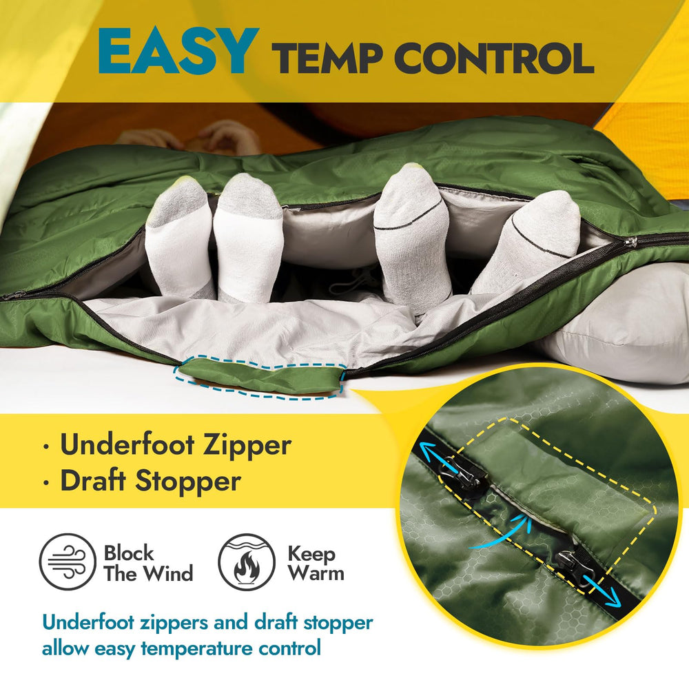 CANWAY full-size queen sleeping bag fits two adults comfortably with ample space.