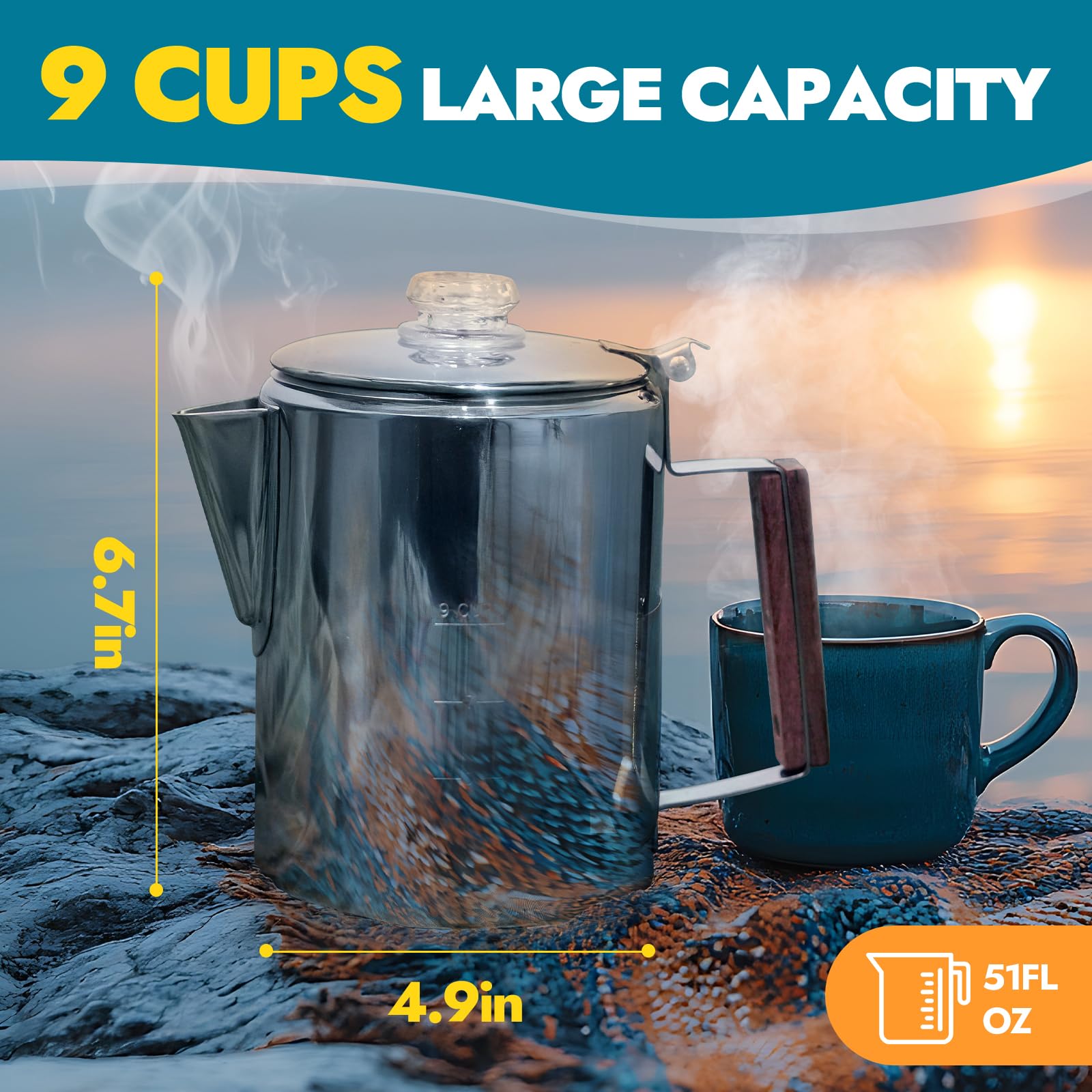 CANWAY percolator side view shows durable stainless steel for outdoors