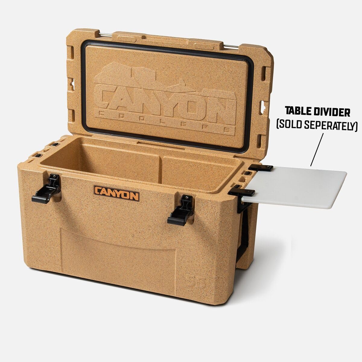 Outfitter 55qt V2 Sandstone, open lid shows spacious interior for easy access.
