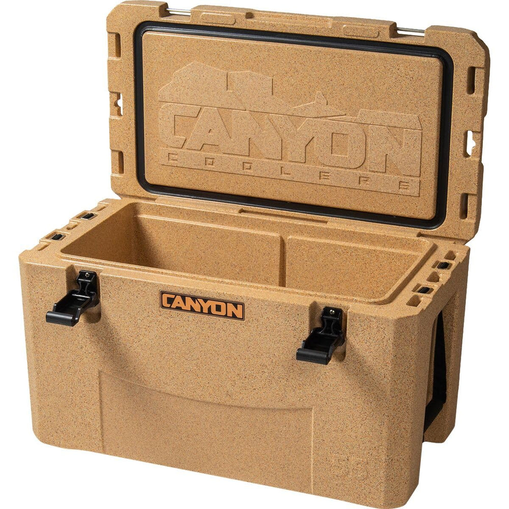CANYON COOLERS Outfitter 55qt V2 Sandstone, side view for durable outdoor adventures.