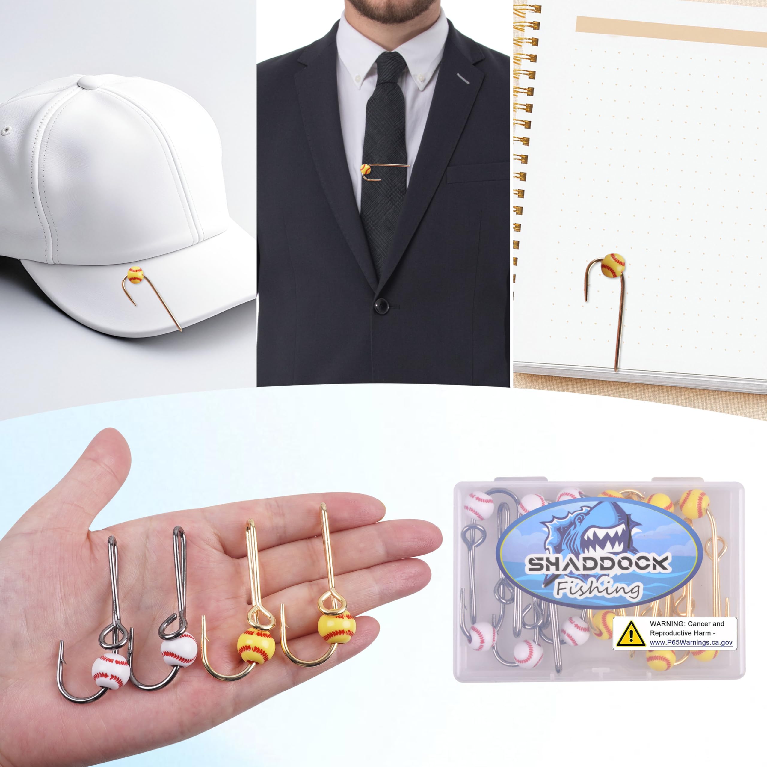 Model wearing gold fishing hat hook clip on cap