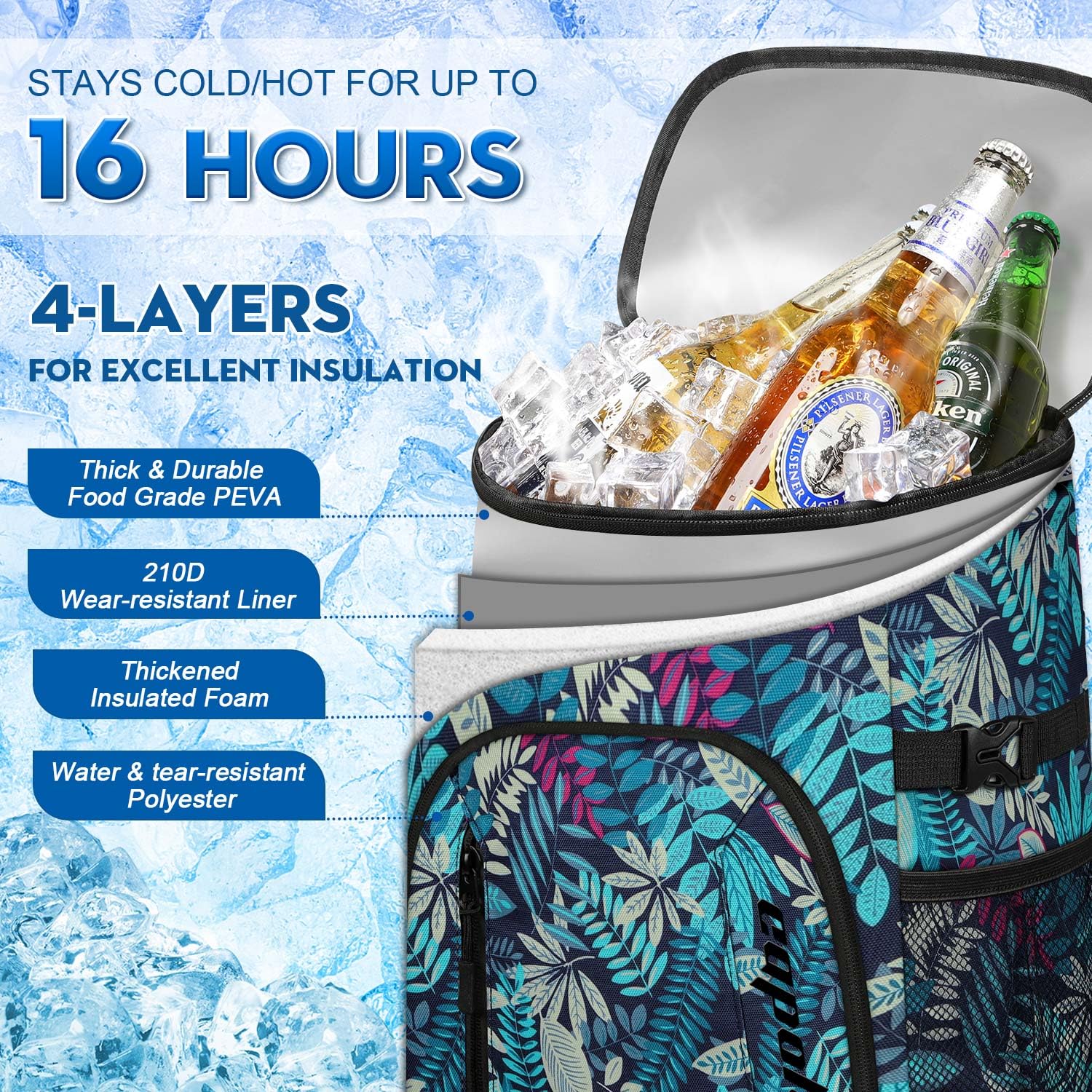 Capolo Cooler Backpack insulated lining shown up close preserves chilled beverages.