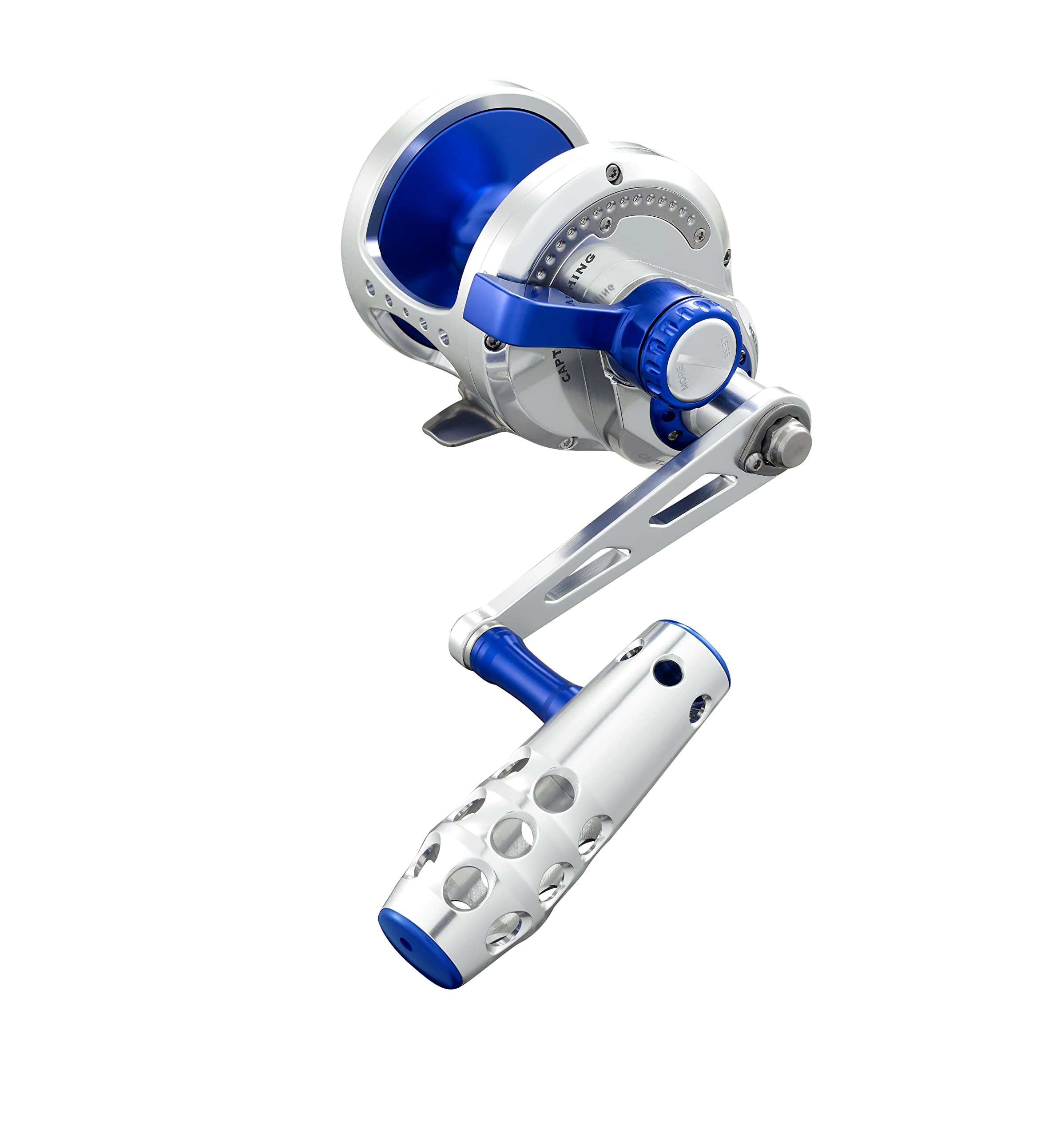 Capt Jay S-60 Jigging Reel Silver Blue, side profile view