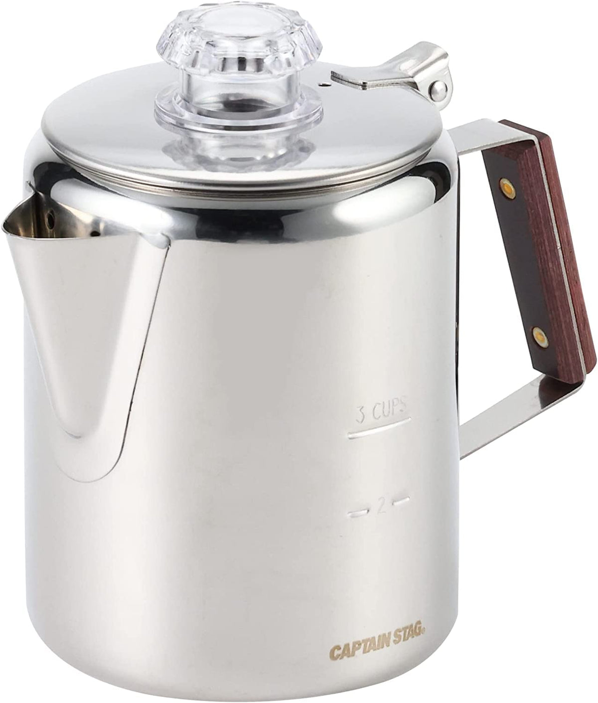 Captain Stag percolator 3cup front view, compact camping-friendly design for easy brew.