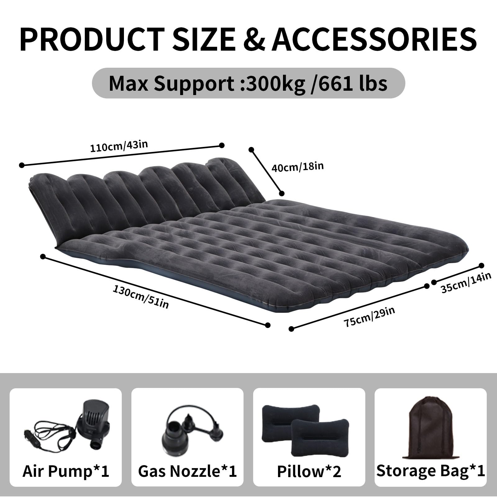 Car air mattress with 12V pump and pillows for quick setup