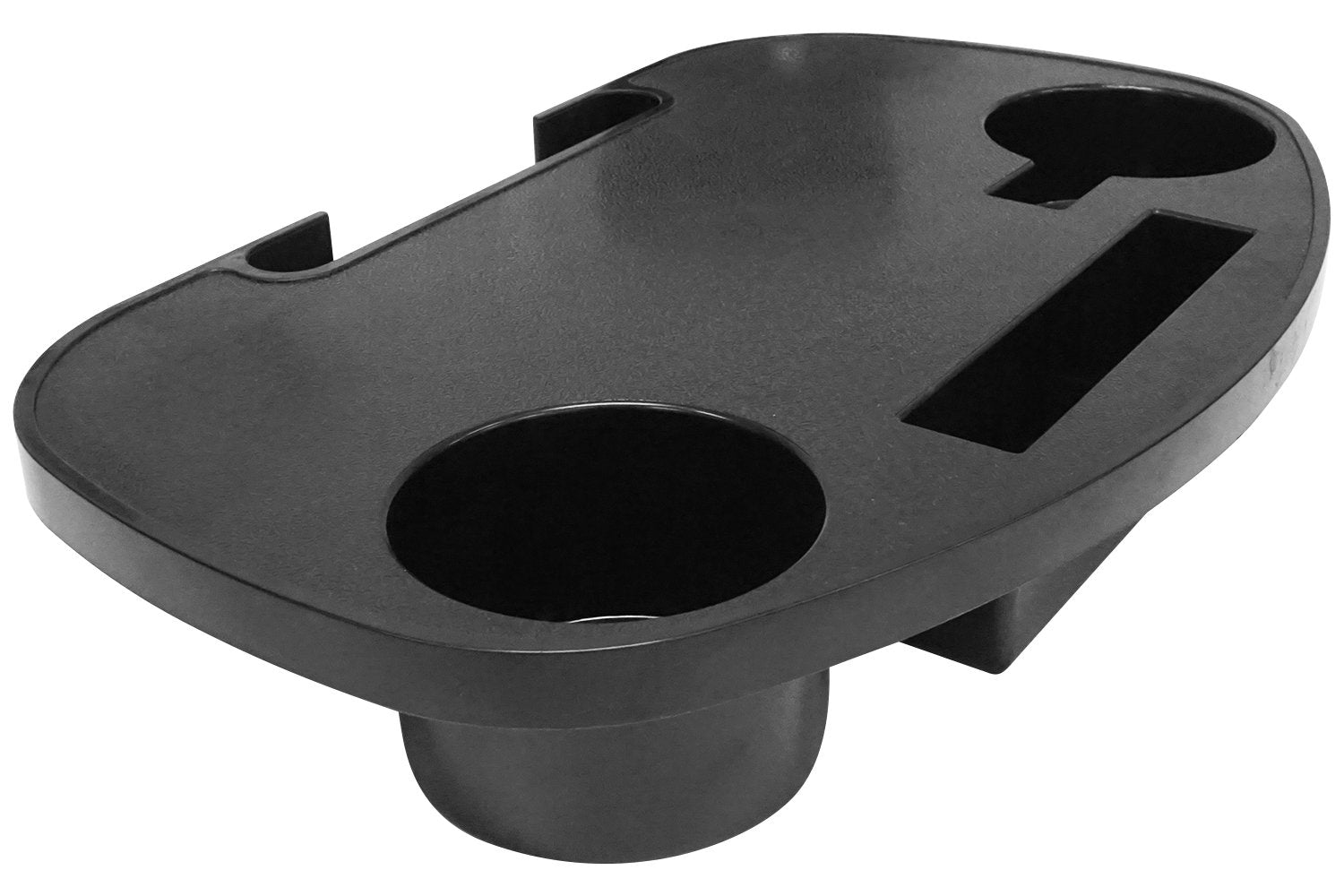 Dual cup holders and device slot on Caravan side table for drinks and gadgets