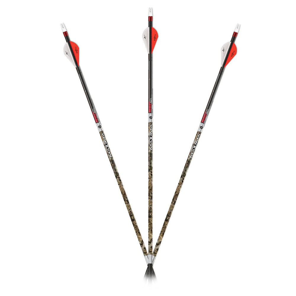 Carbon Express Maxima RED SD Contour 350 arrows in Mossy Oak camouflage for increased concealment and accuracy