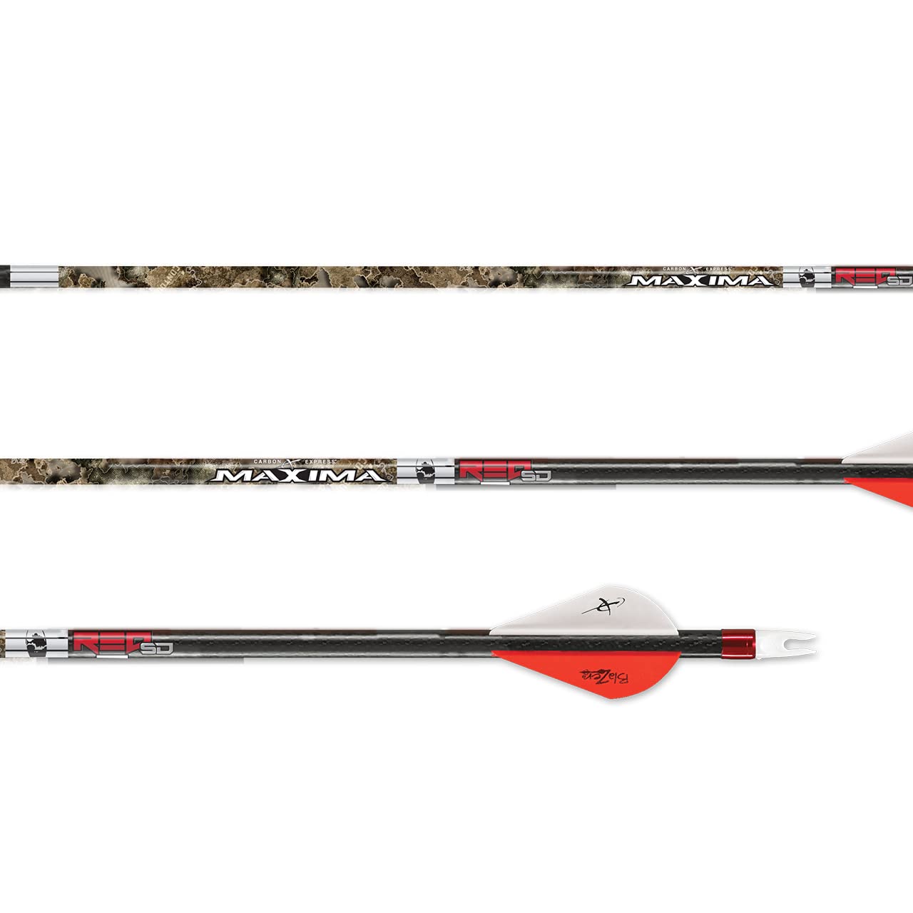 Carbon Express Maxima RED Contour SD 400 arrow closeup highlighting camo and straight-flight design.
