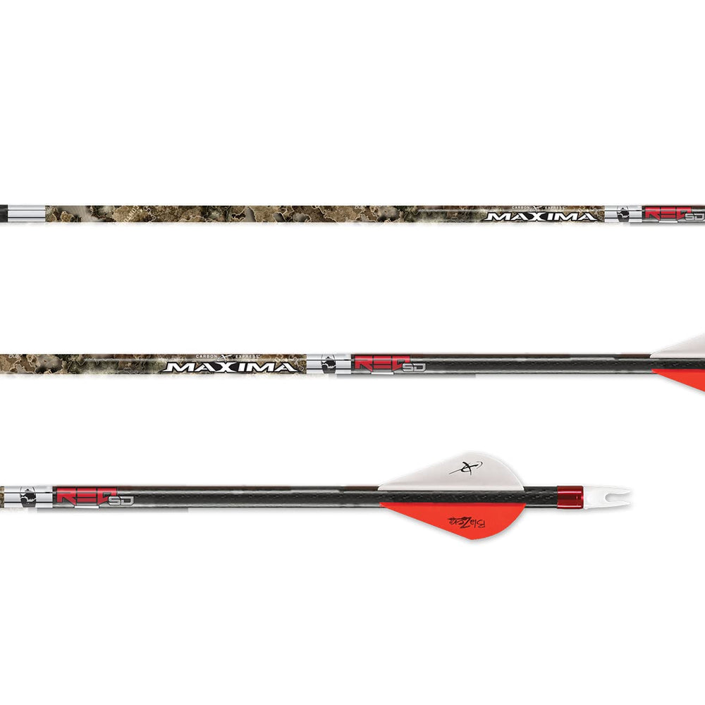 Carbon Express Maxima RED Contour SD 400 arrow closeup highlighting camo and straight-flight design.