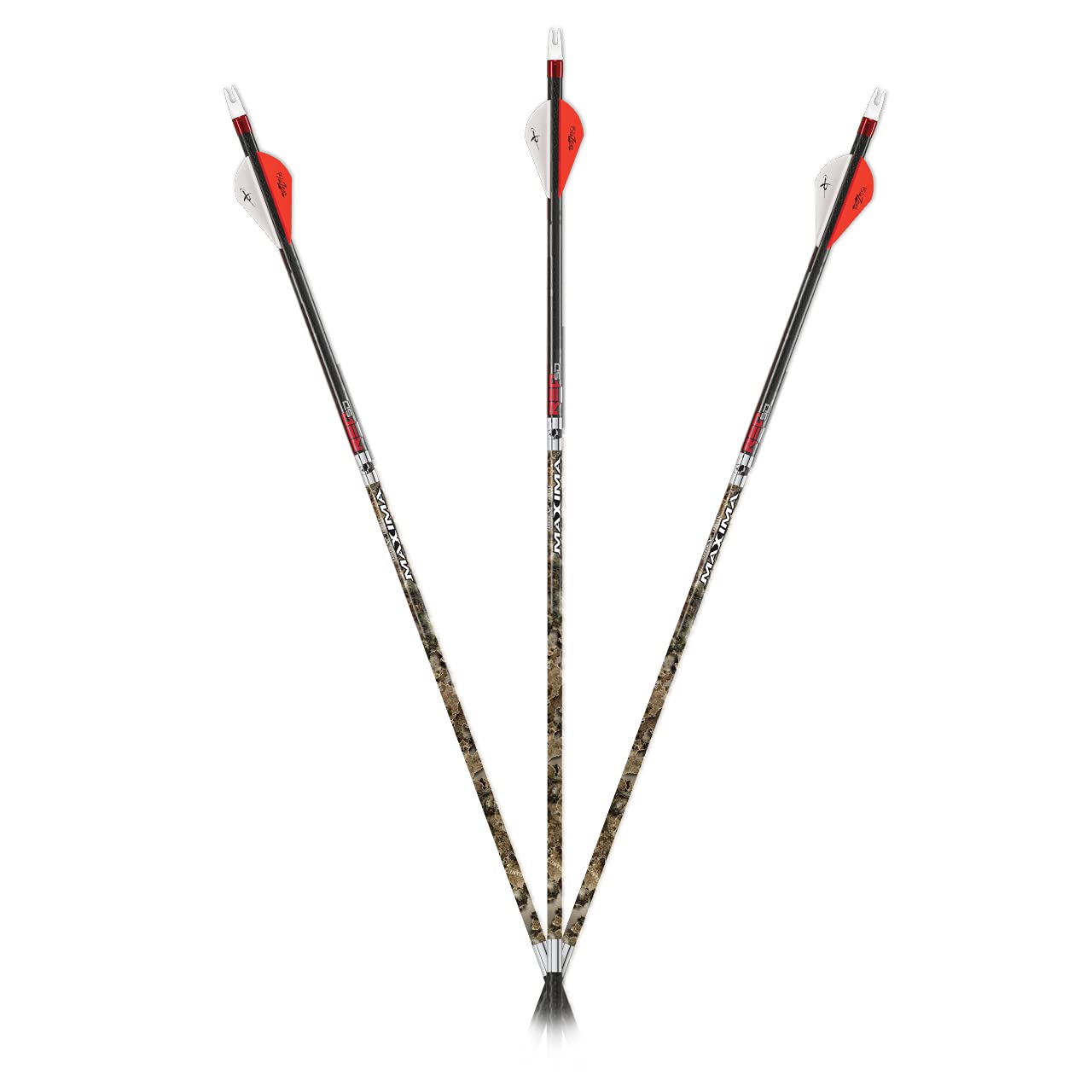 Carbon Express Maxima RED Contour SD 400 arrows in Mossy Oak camouflage for hunting precision.