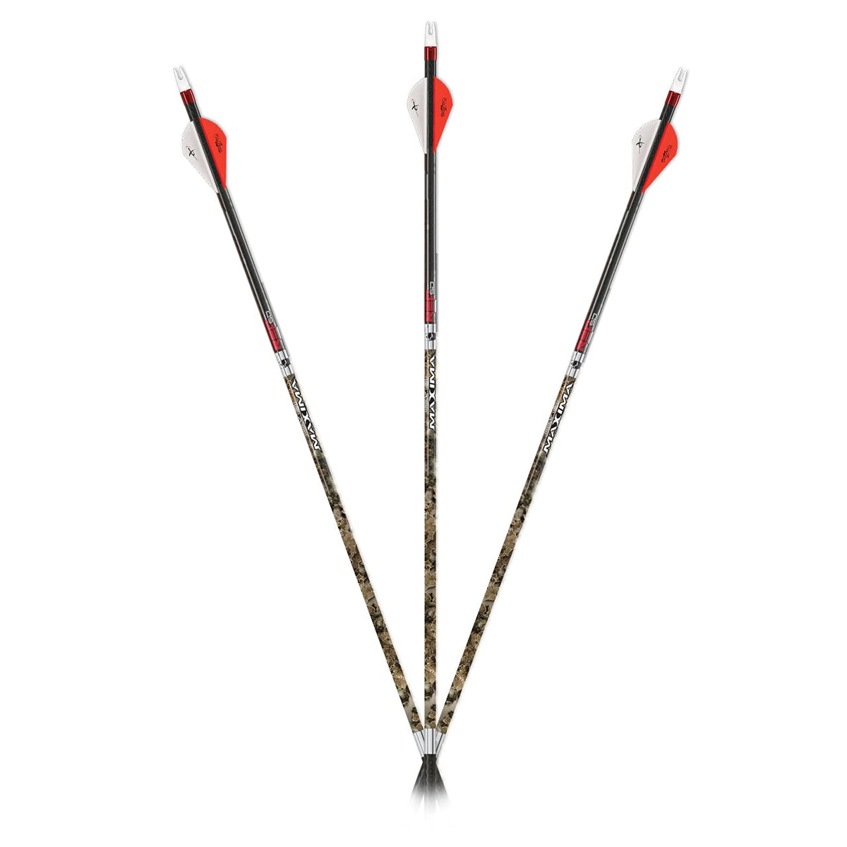 Carbon Express Maxima RED Contour SD 400 arrows in Mossy Oak camouflage for hunting precision.