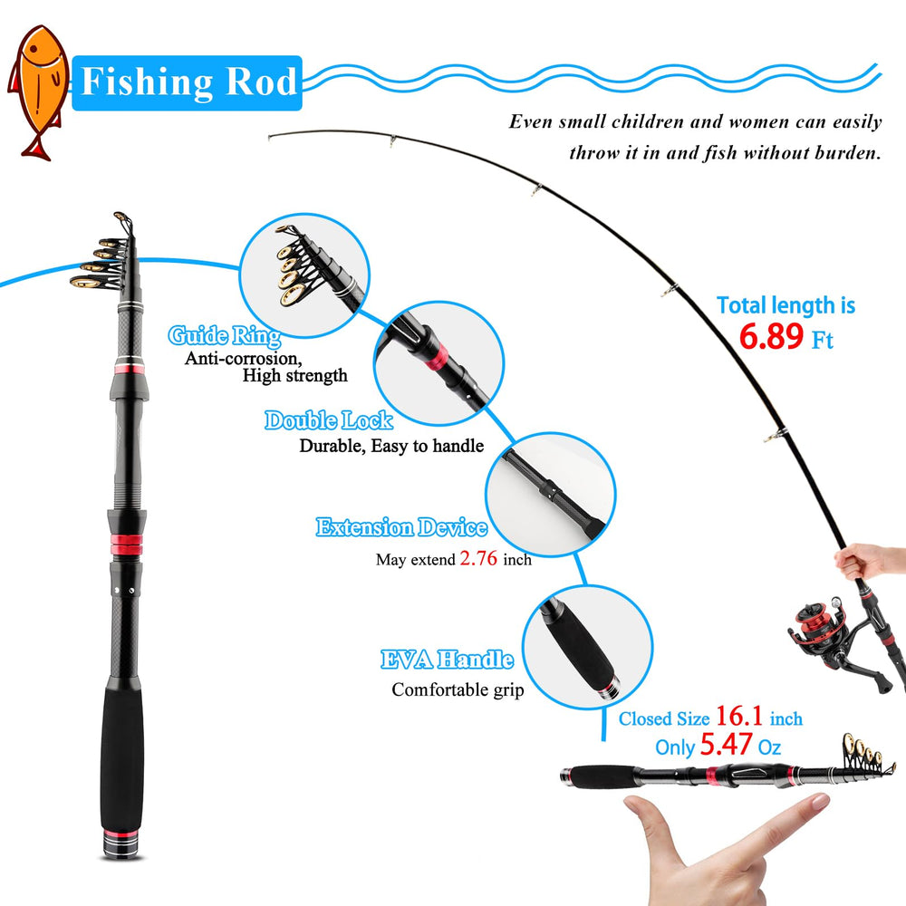 Carbon fiber telescopic fishing rod 6.89ft lightweight and durable