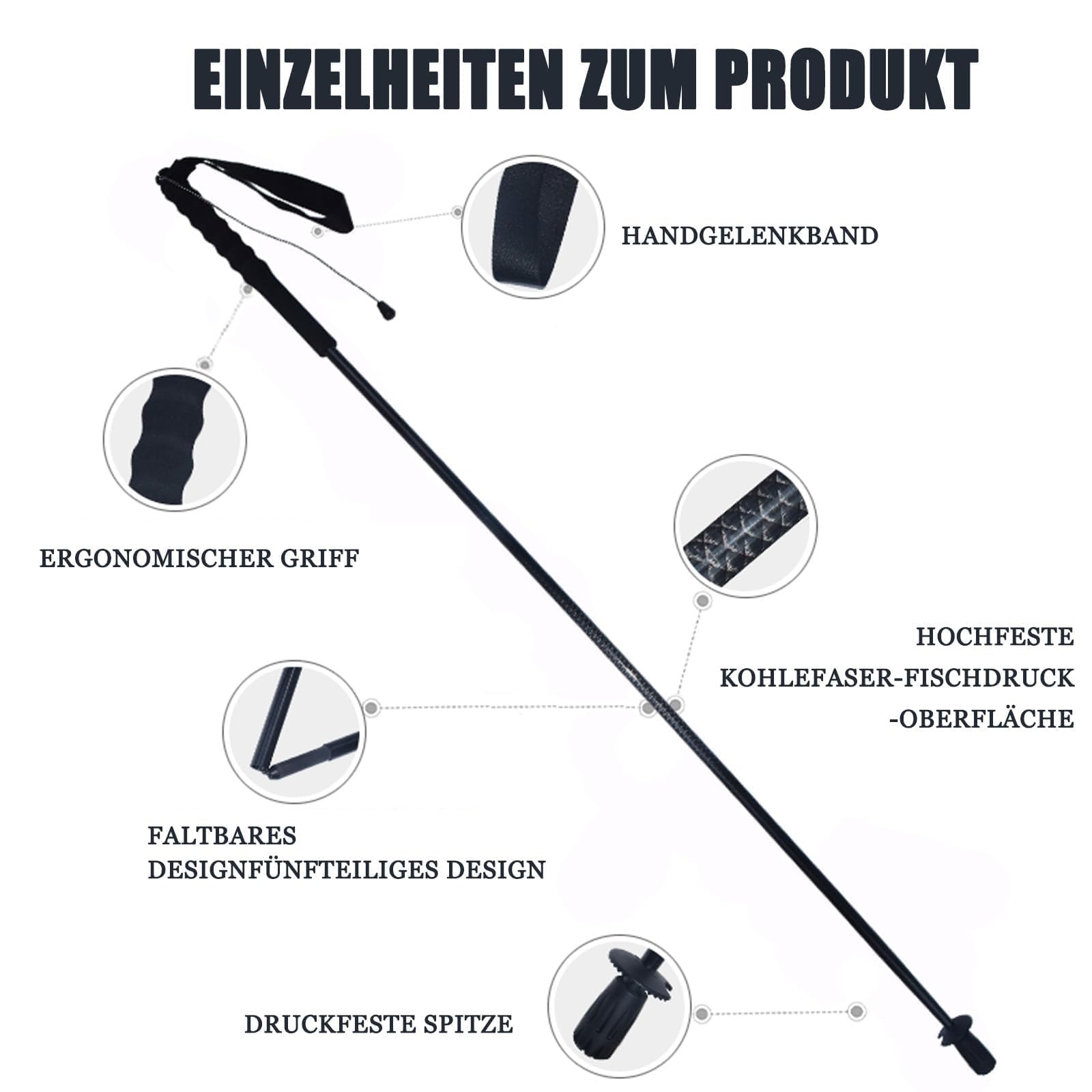 Carbon fiber trekking poles extended to full length for versatile terrain