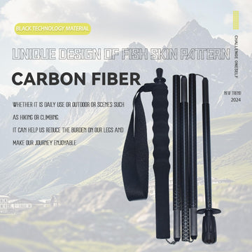 Carbon fiber trekking poles on a mountain trail used for balance and control