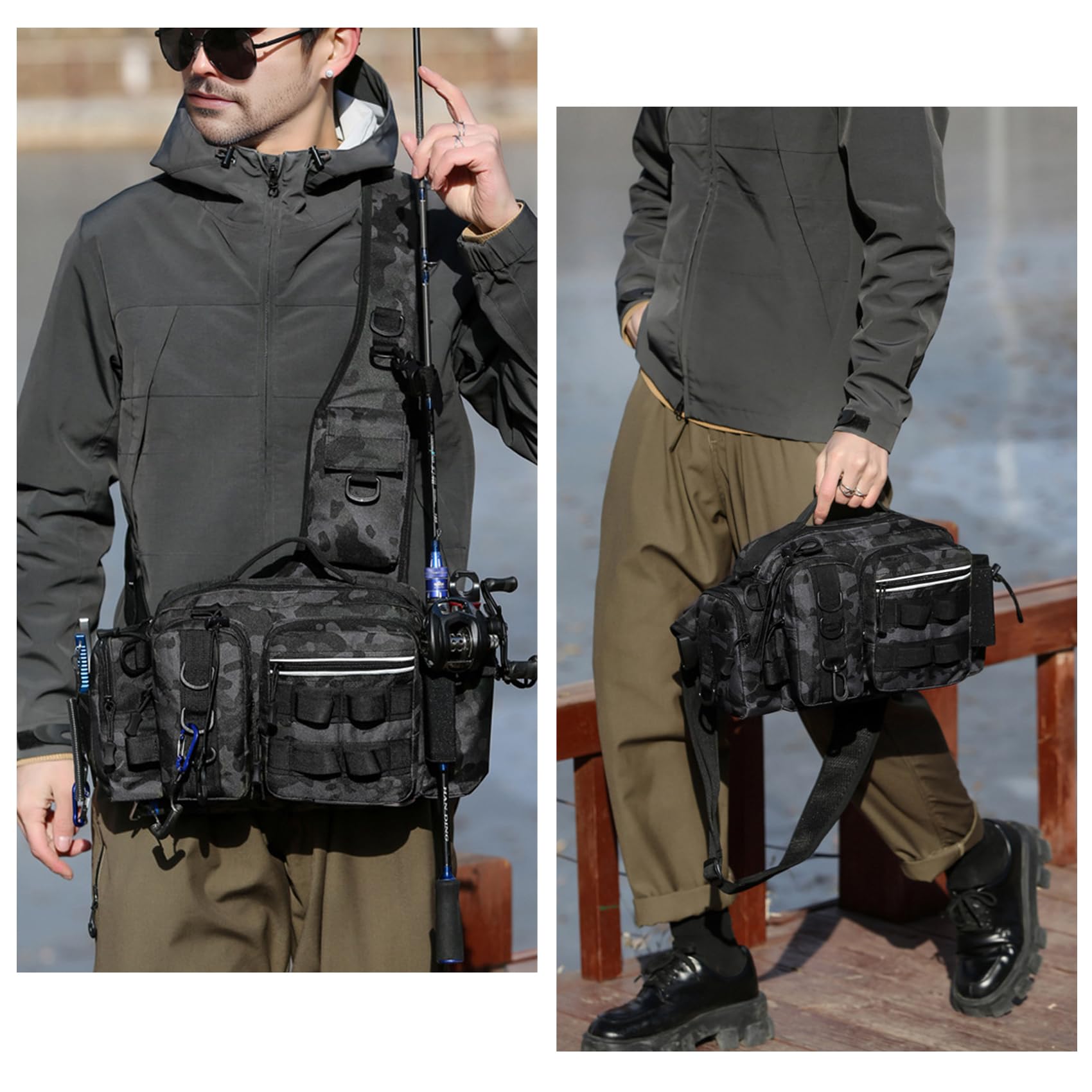 Carfond fishing sling tackle bag camouflage black side view for easy access