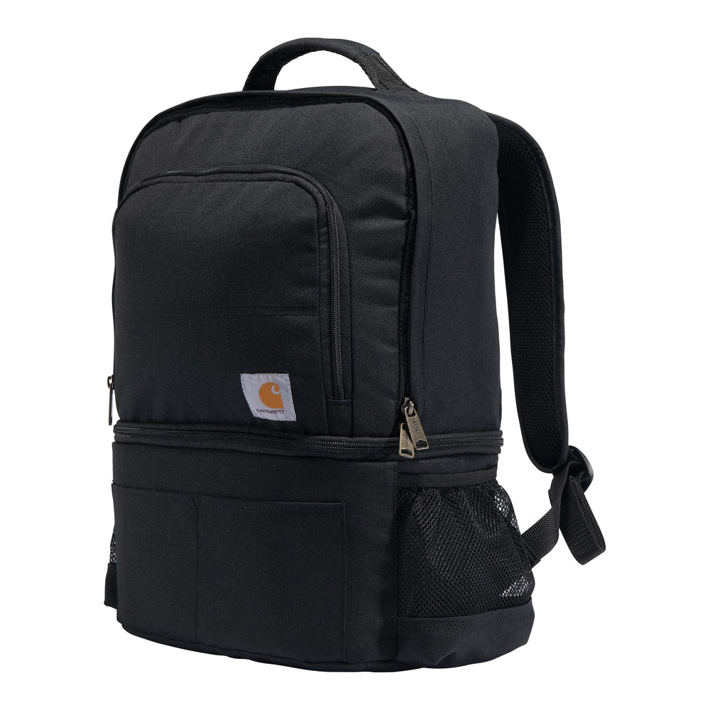 Carhartt insulated 24-can cooler backpack top view shows dual compartments for meals and gear.