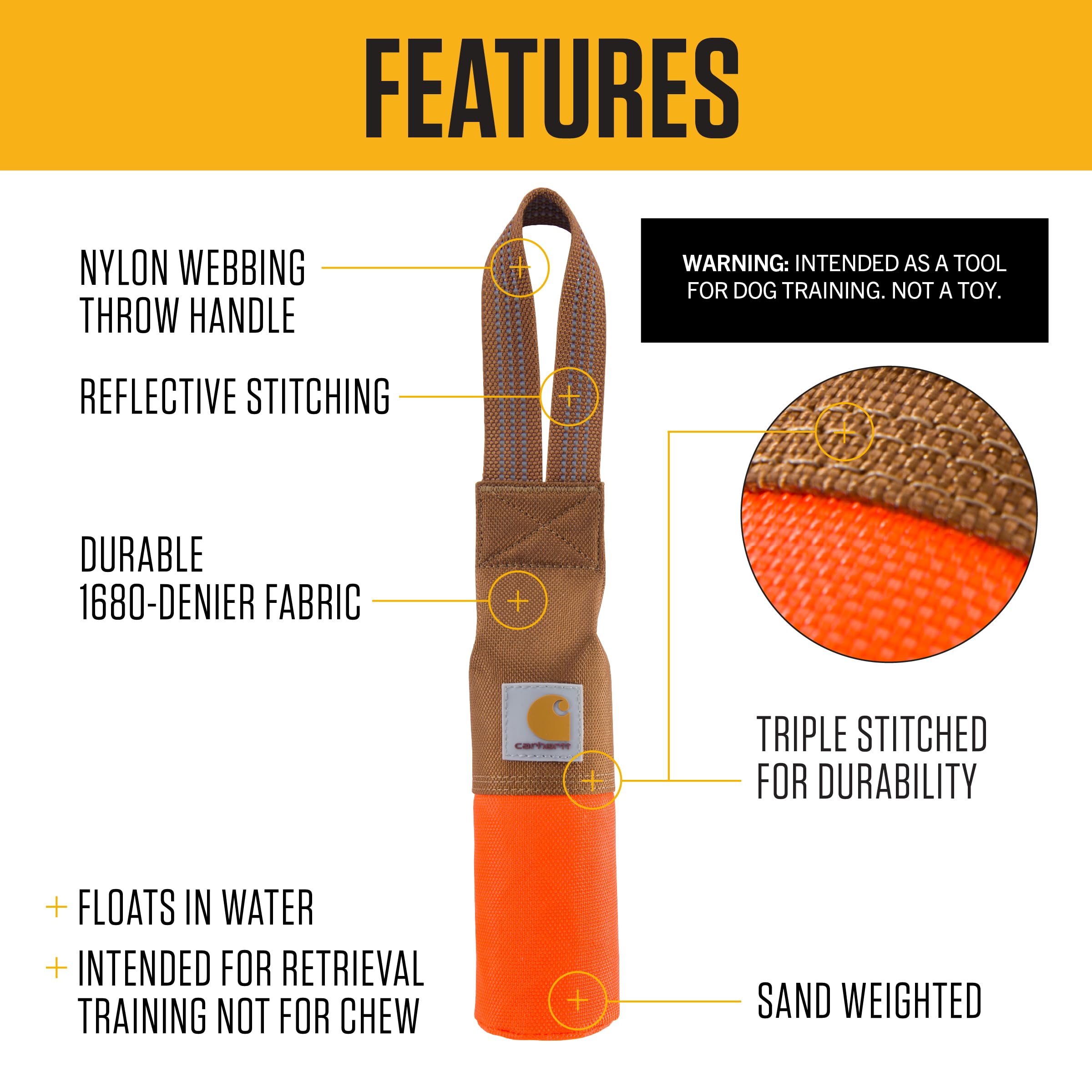 Carhartt Pet Training Tool close-up shows ultra-durable nylon fabric and reinforced stitching.
