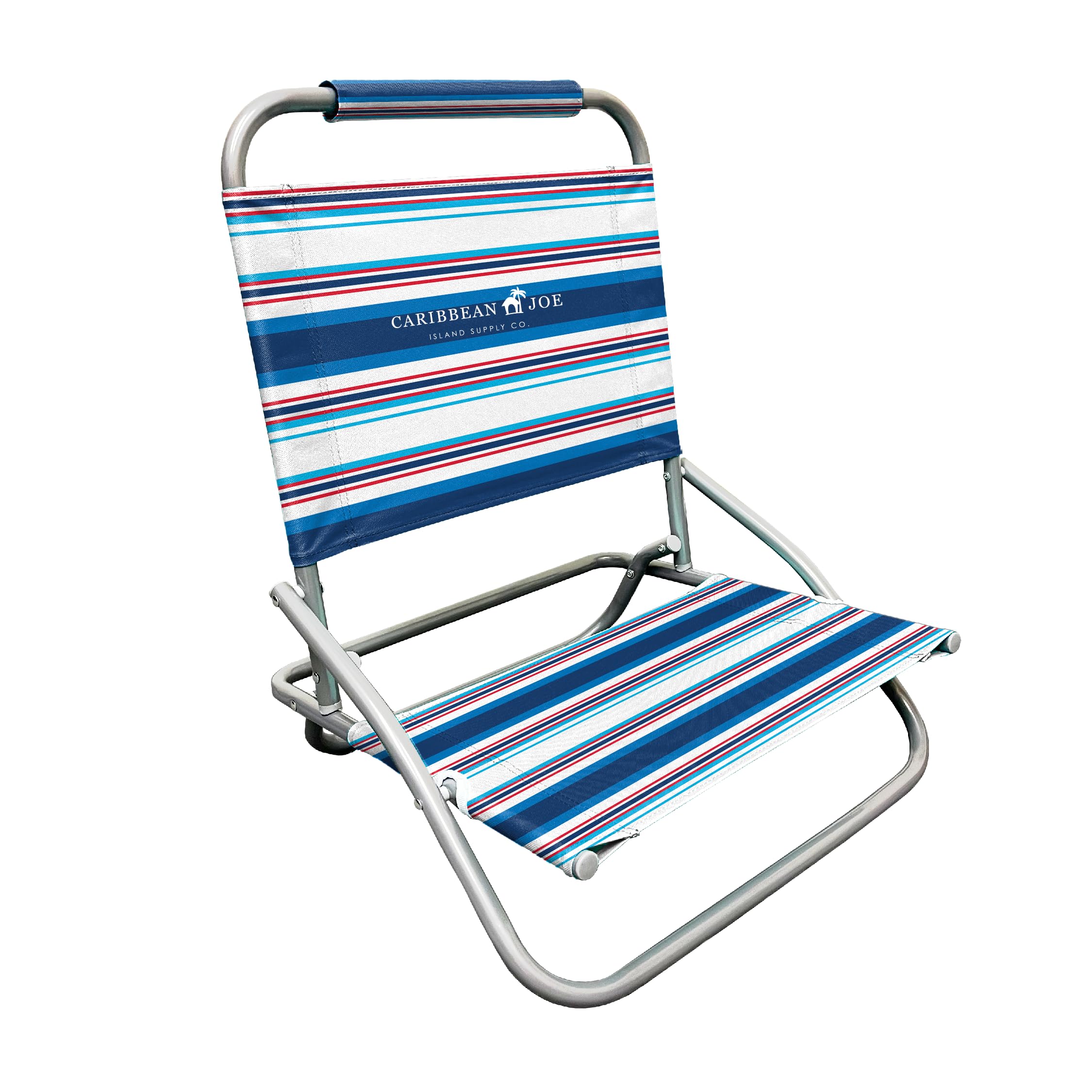 Caribbean Joe folding beach chair under an umbrella, easy to carry for sunny beach days.
