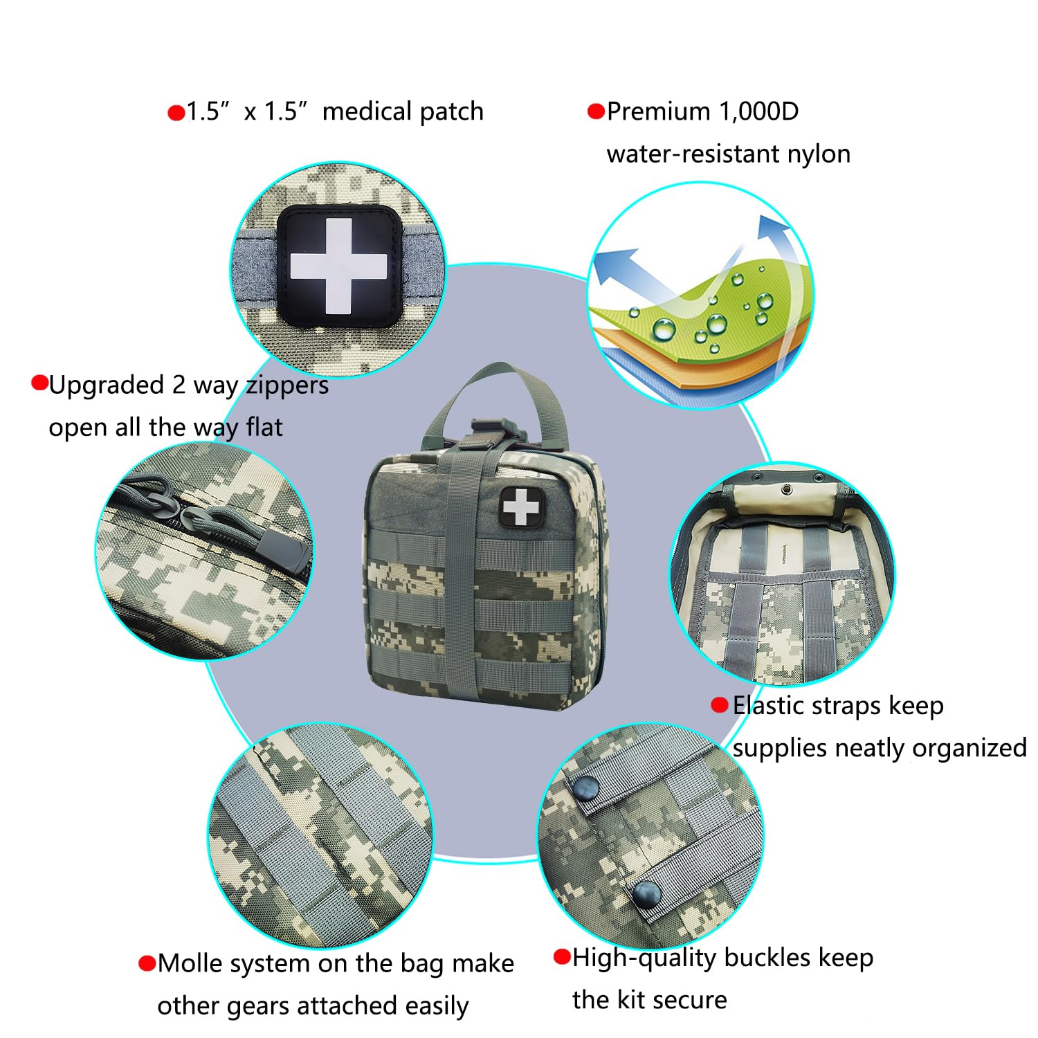 Carlebben First Aid Kit with silent zipper pulls for discreet access