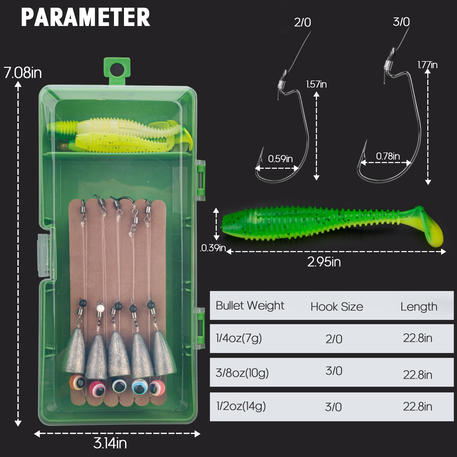 Includes spare soft baits and paddle tail trailers