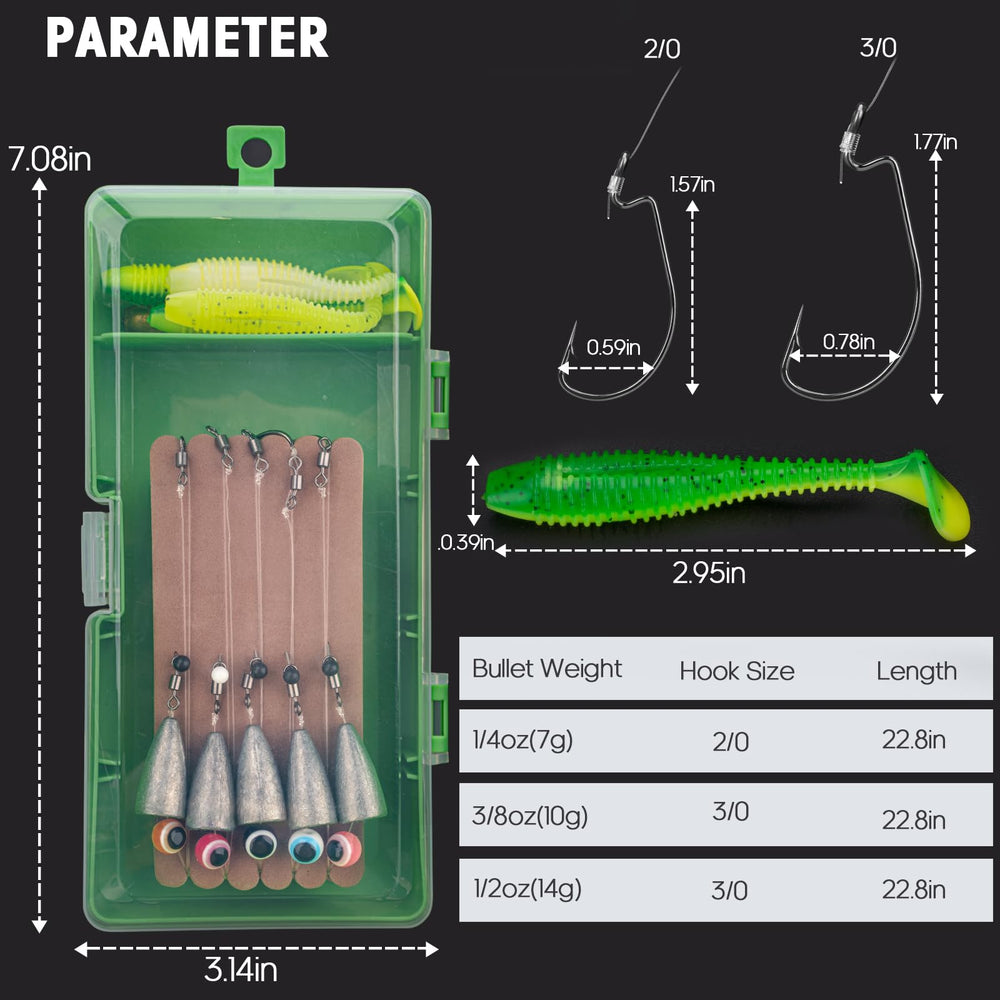 Includes spare soft baits and paddle tail trailers