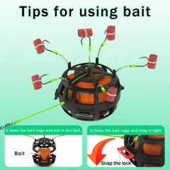 Carp feeder rig with 360-degree floating bait cage