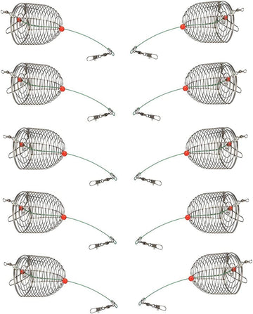 Front view of 10-piece carp fishing bait cage set in stainless steel