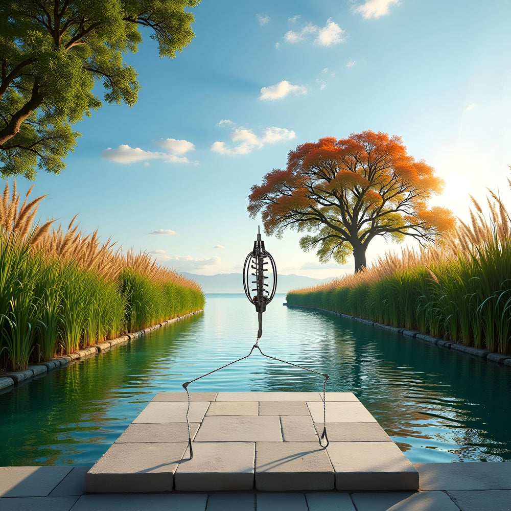 Outdoor carp fishing setup with feeder cage