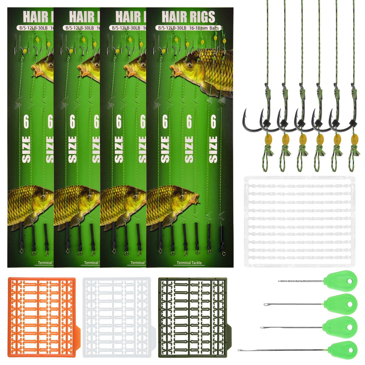 Carp hair rig kit with curved barbed hooks and swivels