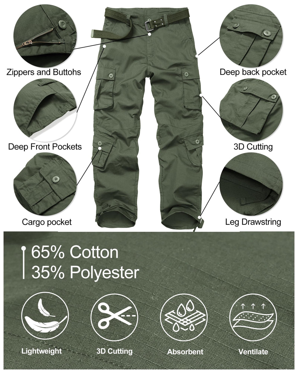 CARPANT Army Green tactical pants side pocket close-up