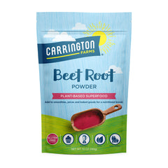 Carrington Farms Beet Root Powder bottle close-up showing natural color for smoothies.