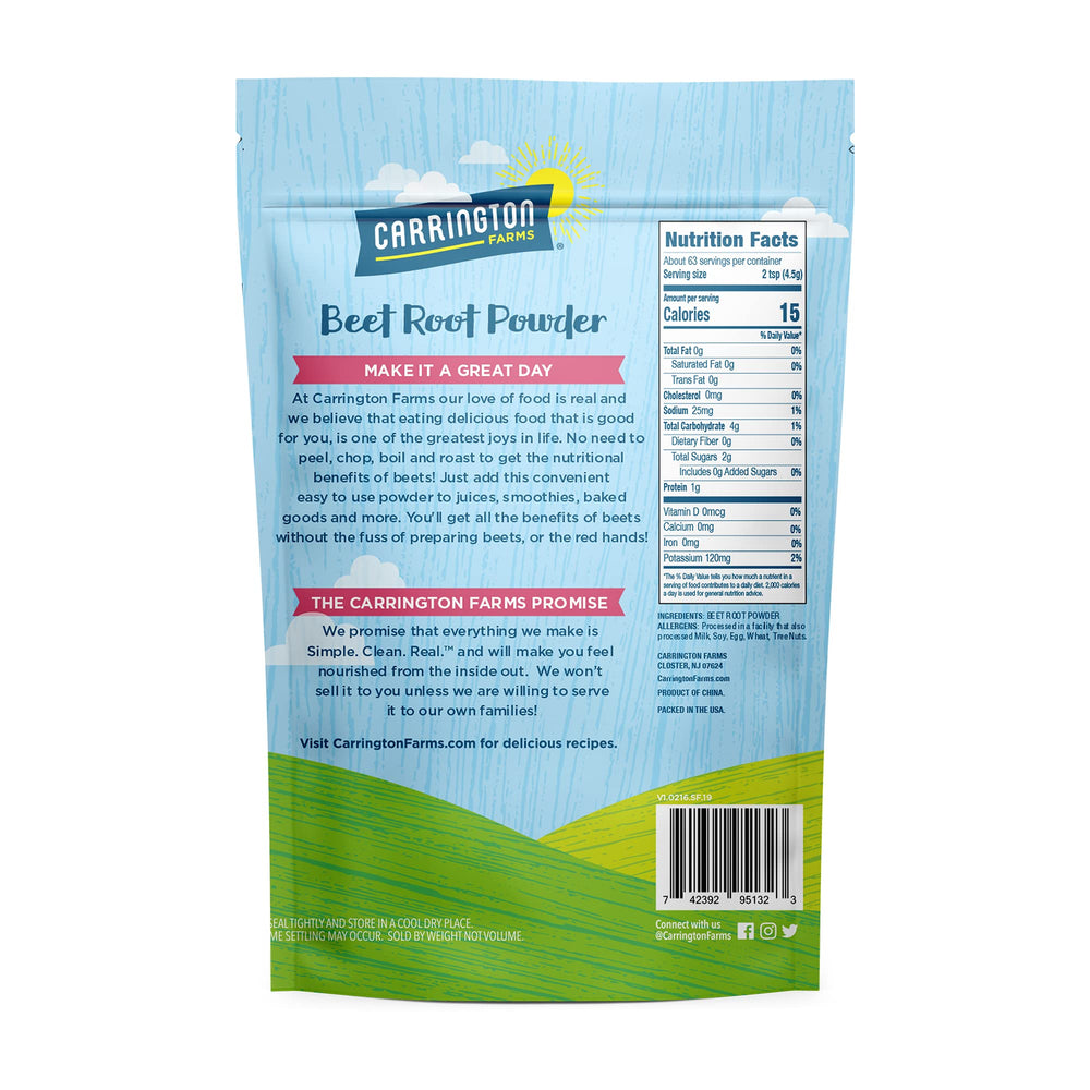Carrington Farms Beet Root Powder jar side view ready to boost color in drinks.
