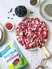 Carrington Farms Beet Root Powder label close-up emphasizing pure beet ingredients for everyday cooking.