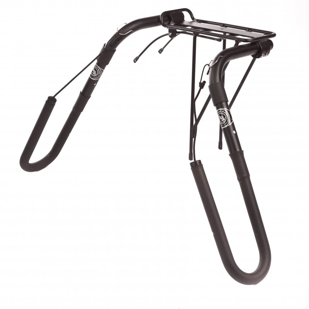 CARVER CSR Max longboard surf rack on bike protects board and frame during transport.