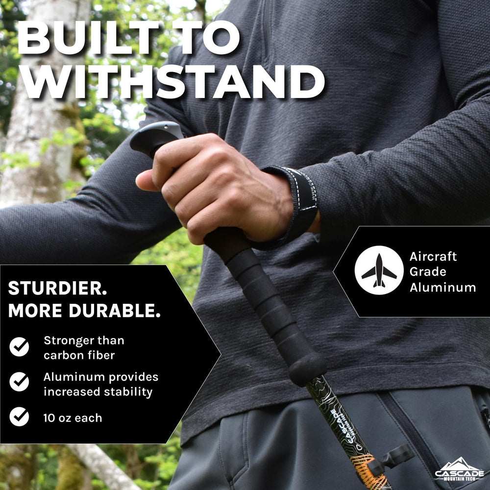 Cascade Mountain Tech trekking poles quick-lock adjustment demonstrated for height changes.