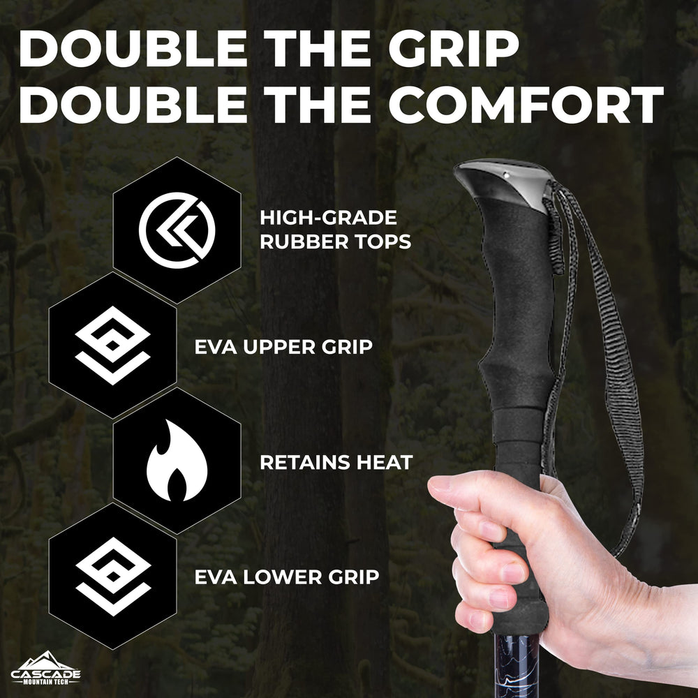 Cascade Mountain Tech trekking poles with tungsten carbide tips for added traction.