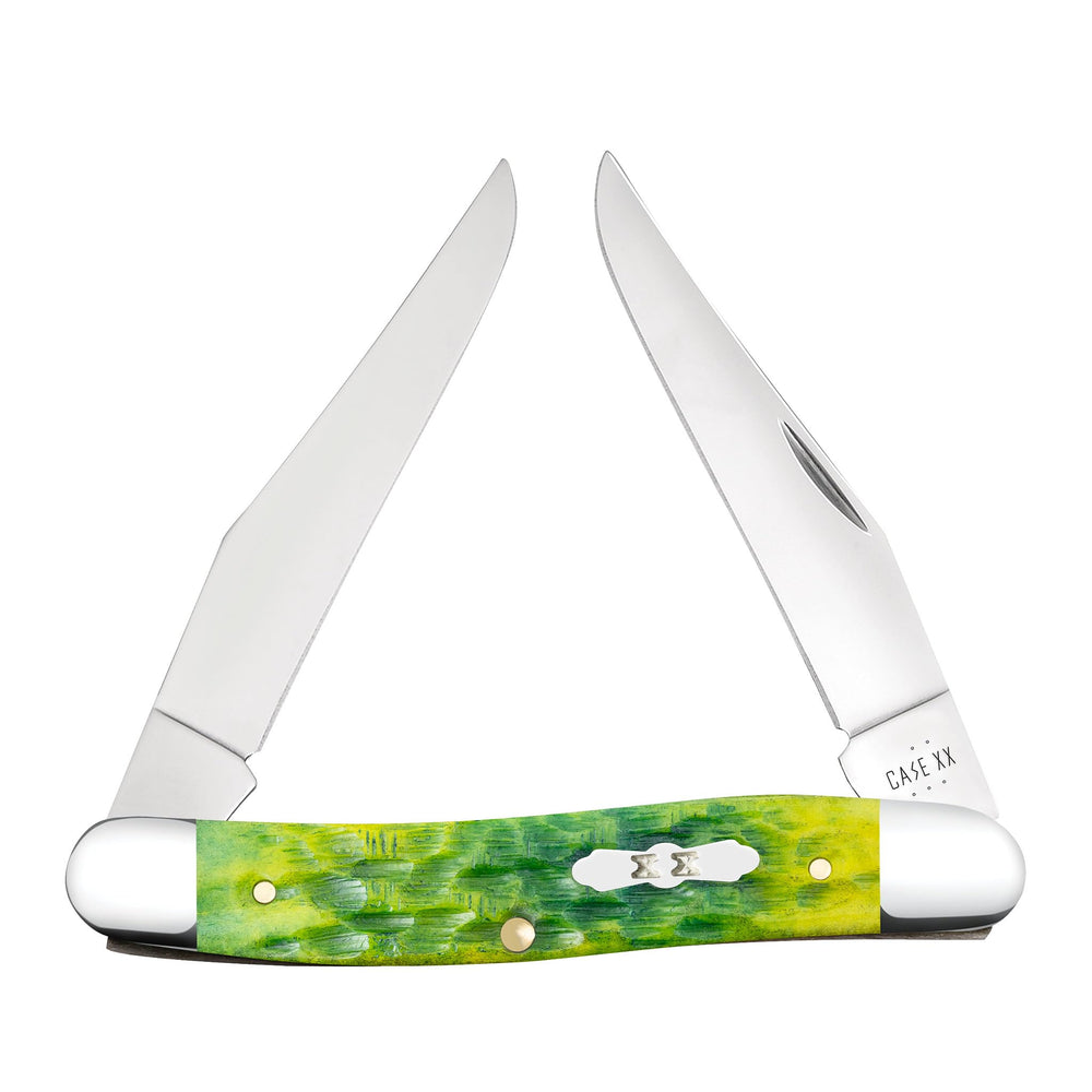Case XX Muskrat knife with green apple bone handle, open blade for everyday tasks and outdoors.
