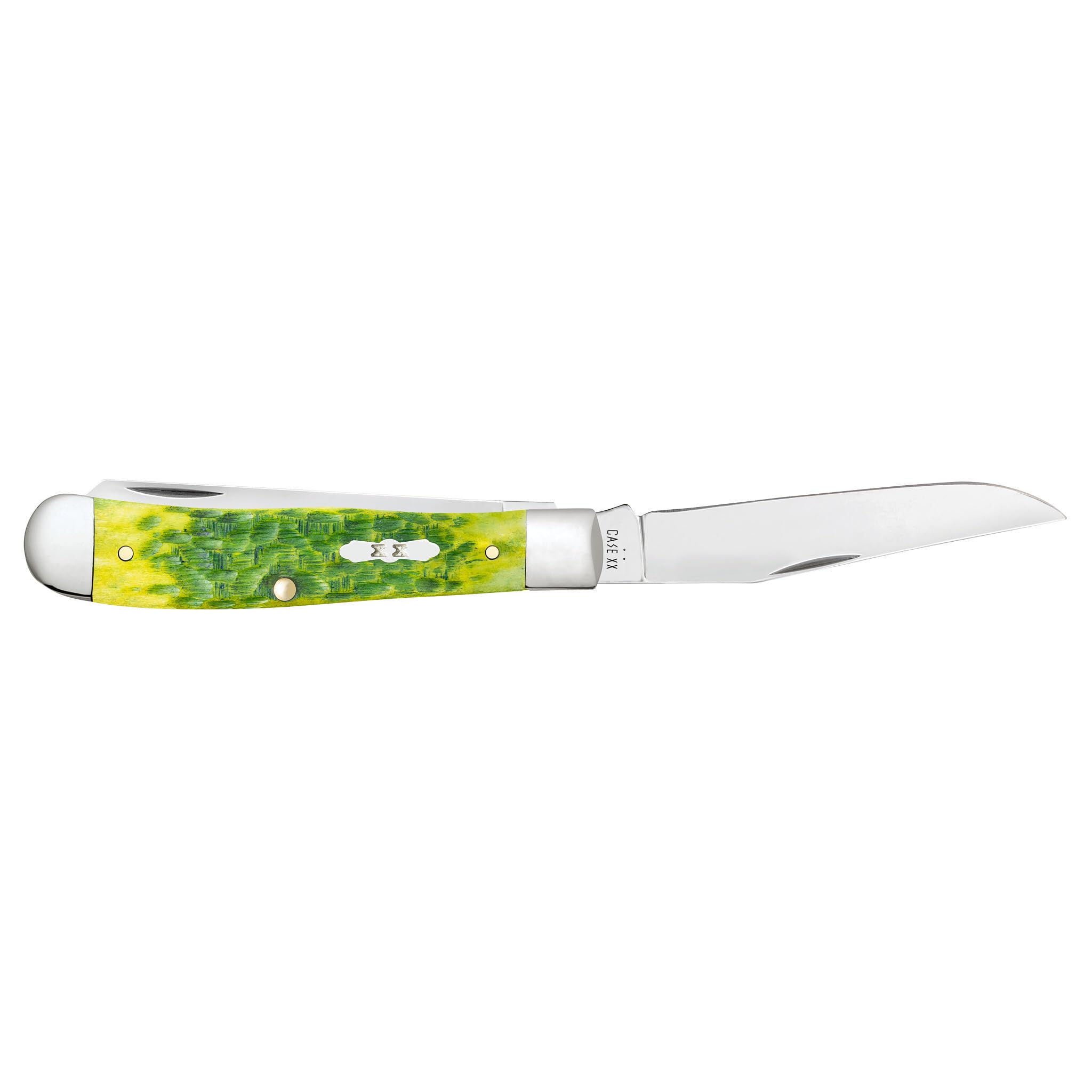 Case XX Pocket Knife Trapper green apple bone handle closeup for durability.