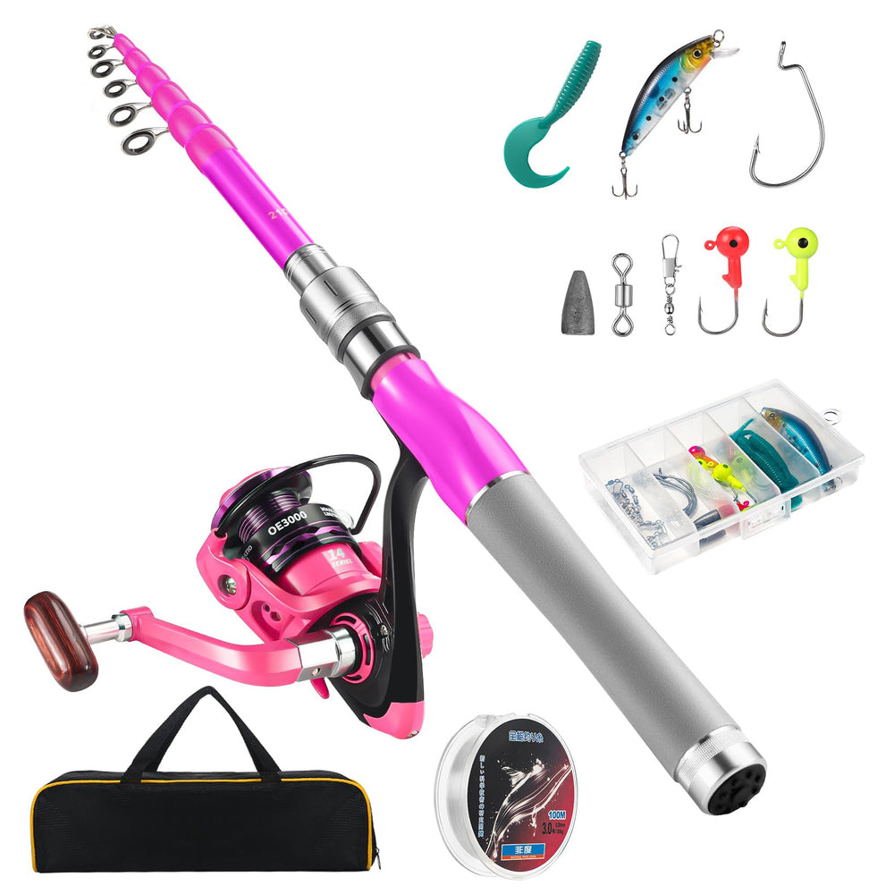 Castaroud Lady Telescopic Fishing Pole Kit with pink carbon fiber rod and spinning reel